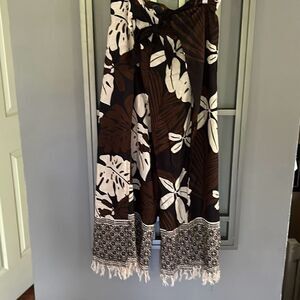 Leaf print wrap pants with fringe one size brown beige black ￼ bathing suit cove
